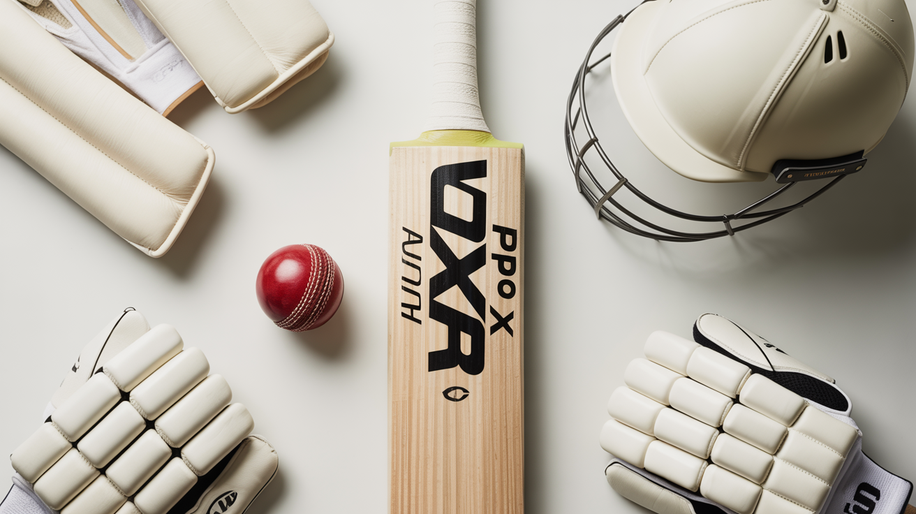 A complete professional cricket kit, including a bat, ball, pads, and helmet, arranged neatly in a flat lay on a white background.