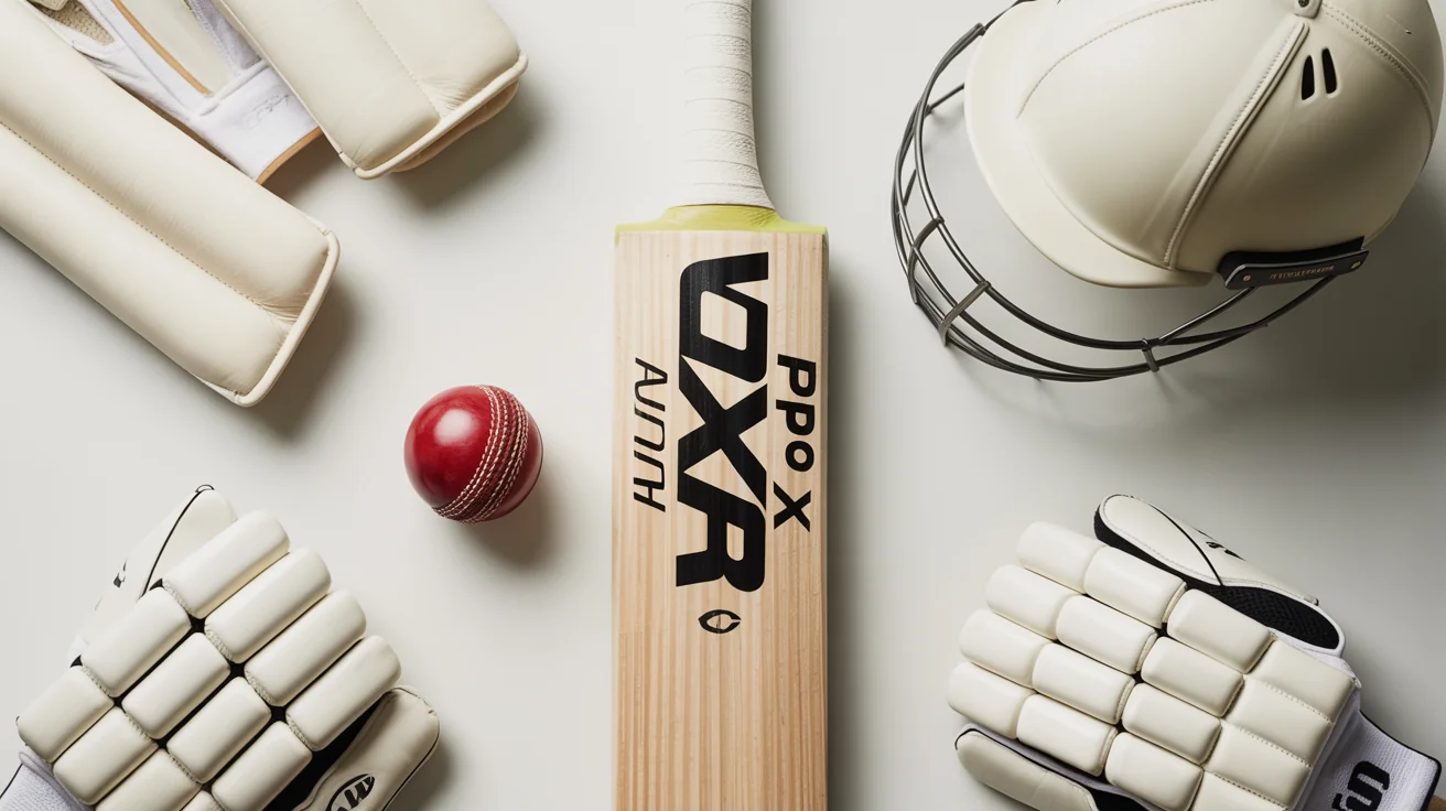 A complete professional cricket kit, including a bat, ball, pads, and helmet, arranged neatly in a flat lay on a white background.