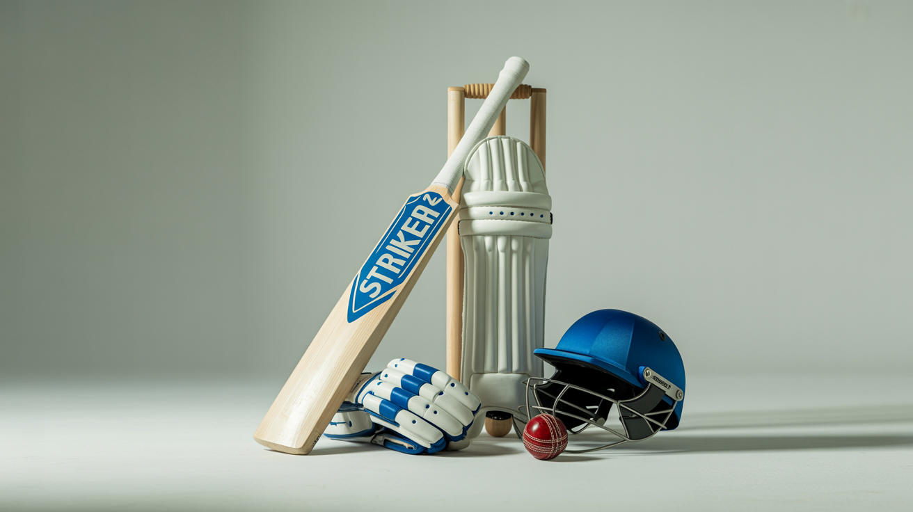 A complete modern cricket kit, including a bat, pads, gloves, helmet, and ball, professionally arranged against a clean white background.