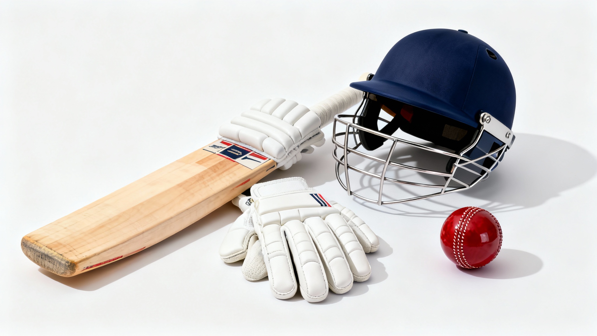 A complete professional cricket kit, including a bat, pads, gloves, helmet, and ball, is neatly arranged on a clean white background, showcasing the high-quality equipment.