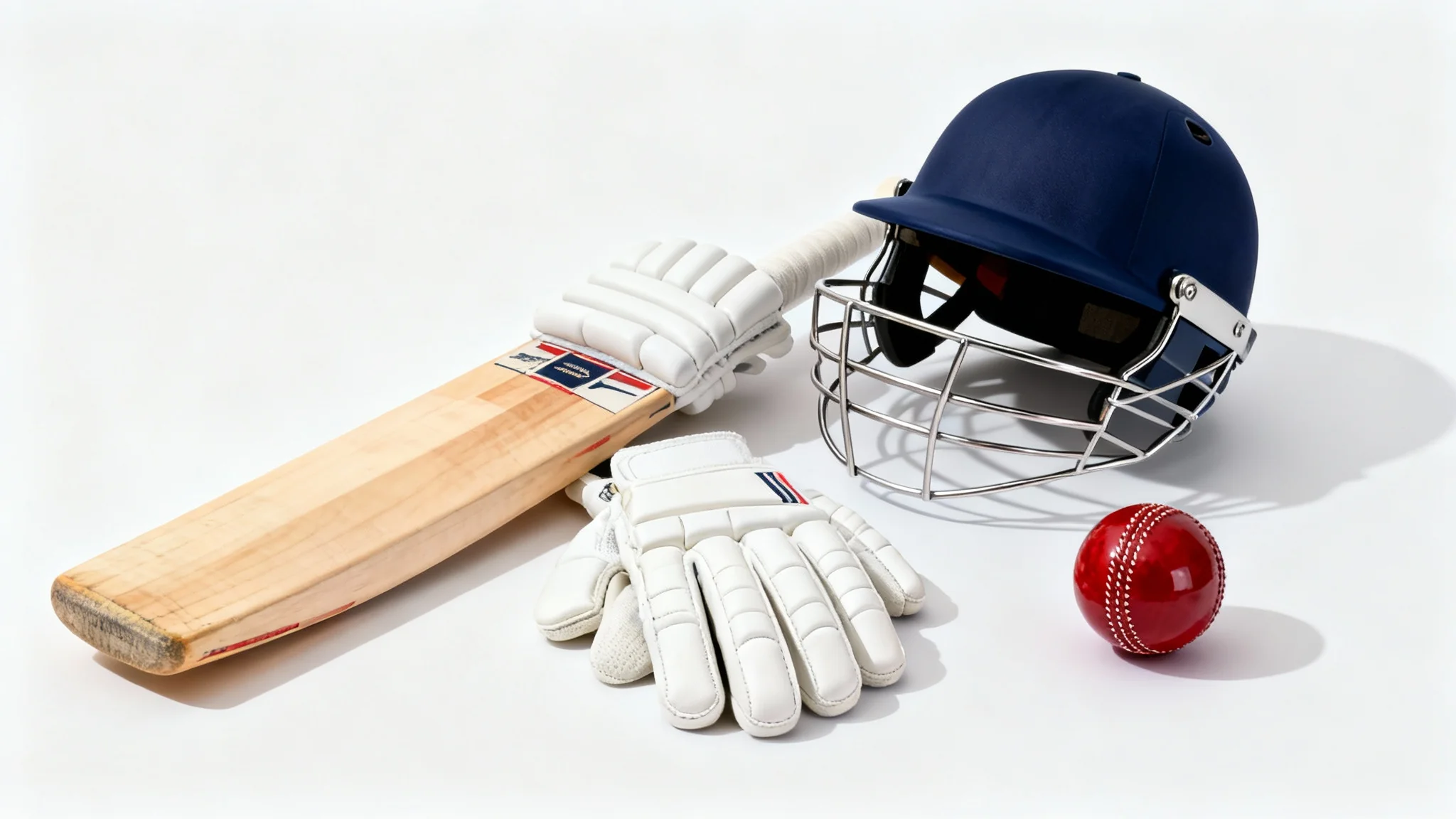 A complete professional cricket kit, including a bat, pads, gloves, helmet, and ball, is neatly arranged on a clean white background, showcasing the high-quality equipment.