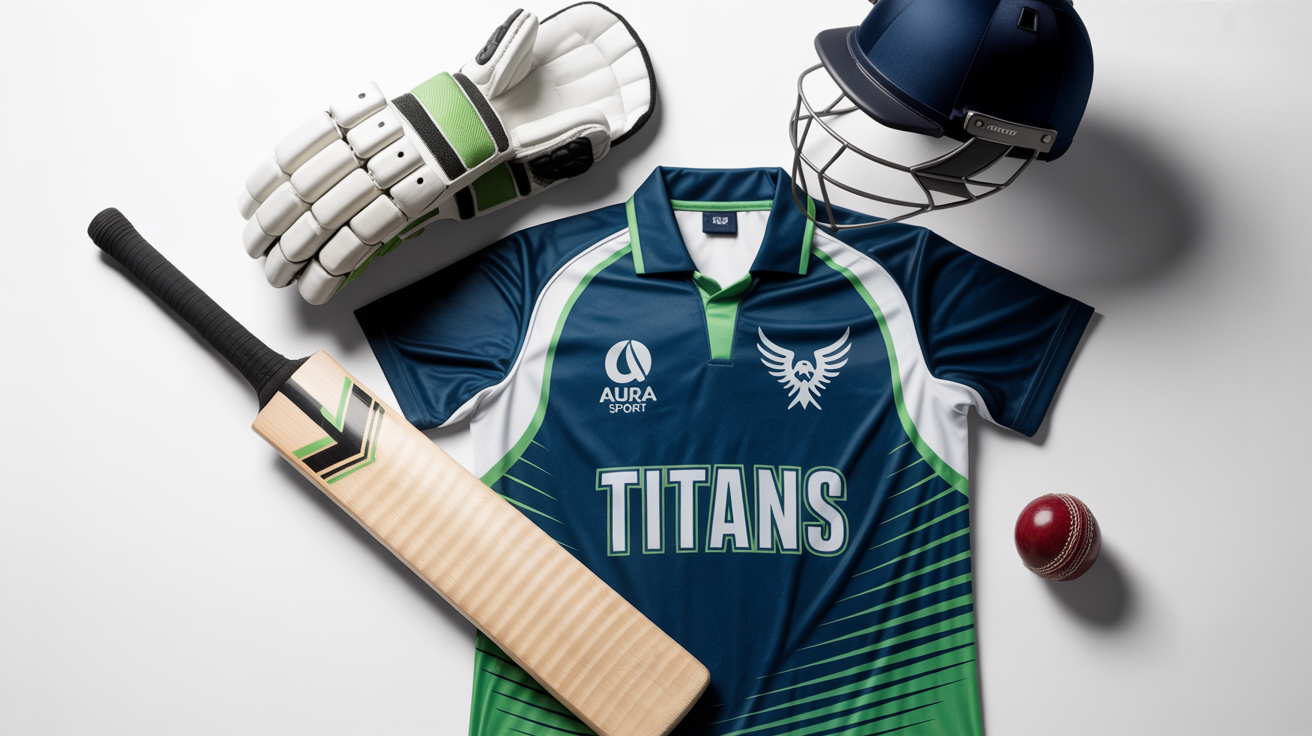 A flat lay of a modern cricket kit on a white background, including a navy blue and white jersey and trousers with the team name 'TITANS', a bat, ball, helmet, pads, and gloves.
