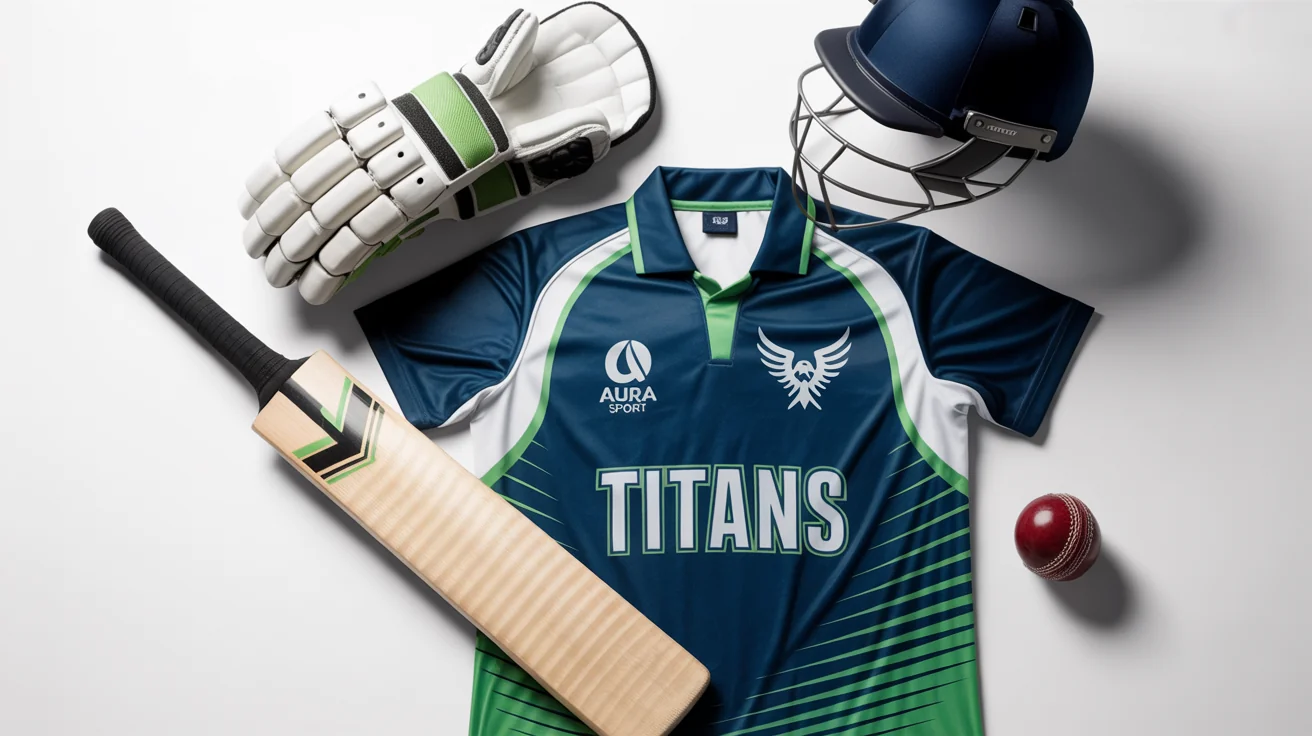 A flat lay of a modern cricket kit on a white background, including a navy blue and white jersey and trousers with the team name 'TITANS', a bat, ball, helmet, pads, and gloves.