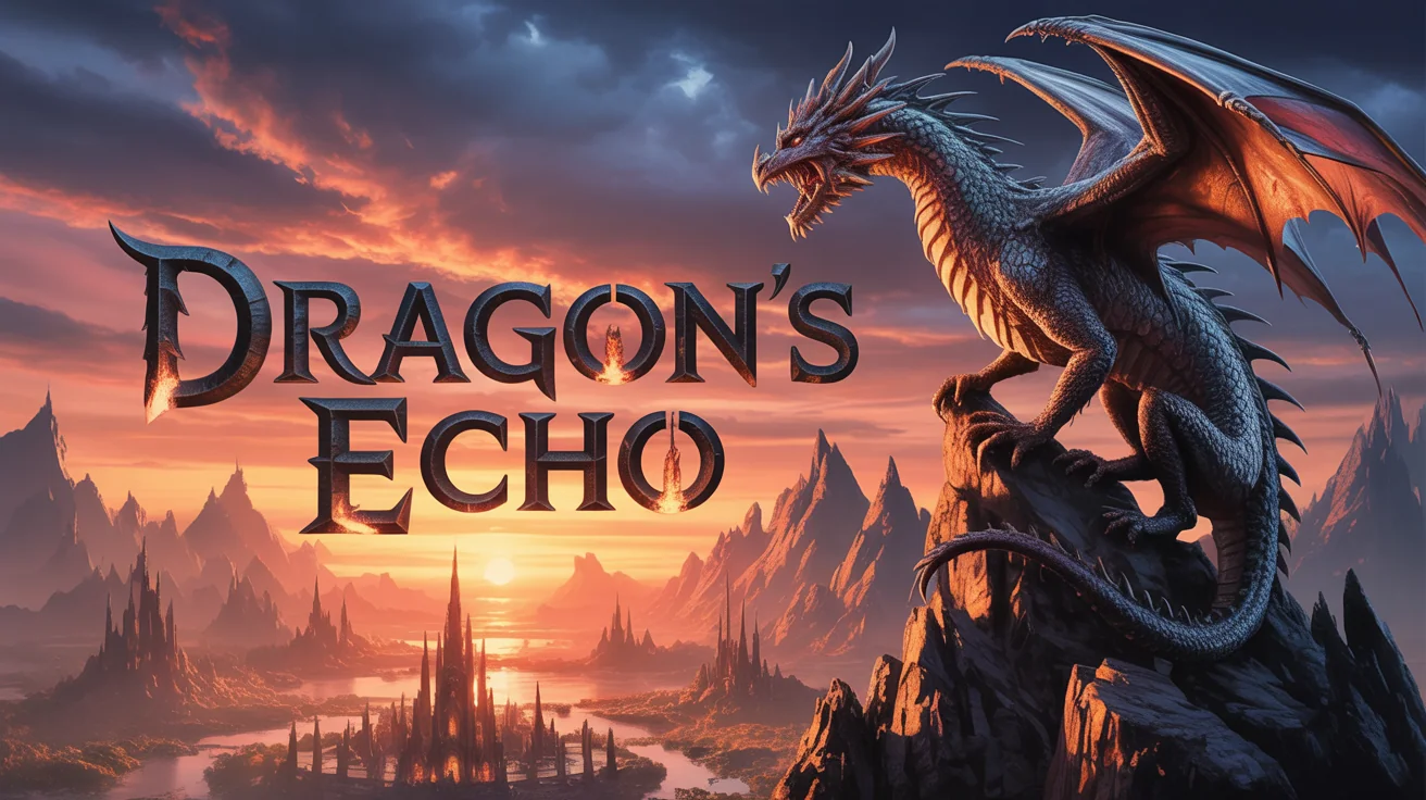 A professionally designed fantasy game banner with the title 'DRAGON'S ECHO' in a metallic, glowing font. The background shows a majestic dragon on a mountain overlooking a fantasy kingdom at sunset.