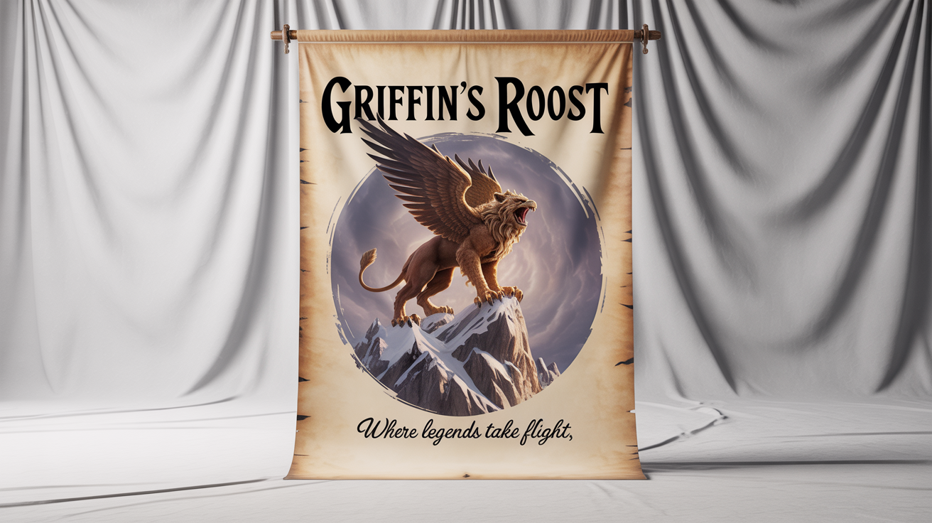 A photorealistic mockup of a vertical fantasy banner on aged parchment, featuring a golden griffin on a mountain. The banner has the text 'GRIFFIN'S ROOST' and 'Where Legends Take Flight' in gothic fonts, set against a plain white background.