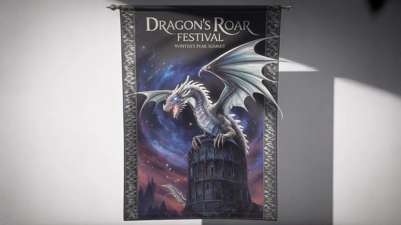 A detailed mockup of a fantasy festival banner titled 'Dragon's Roar Festival', showing a silver dragon on a castle, set against a white background.