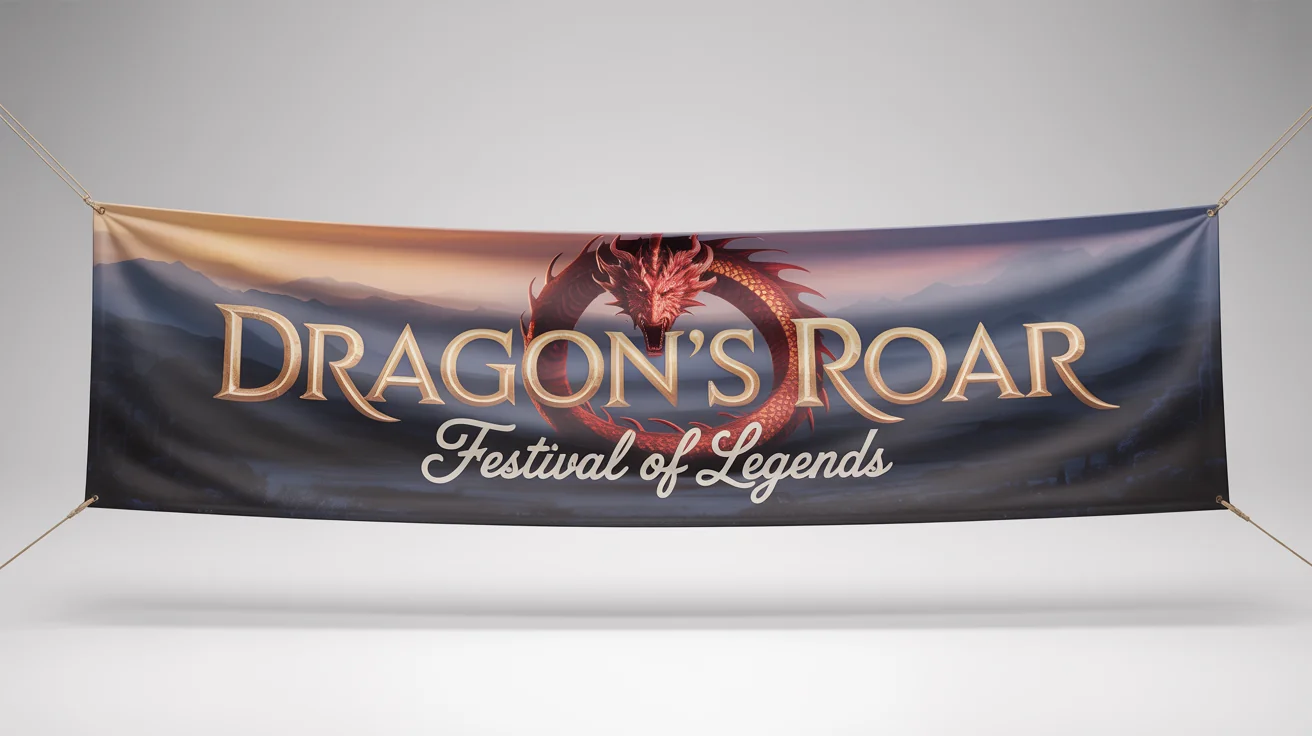 A product mockup of a wide fantasy banner against a white background, featuring a red dragon and the legible text 'Dragon's Roar, Festival of Legends'.
