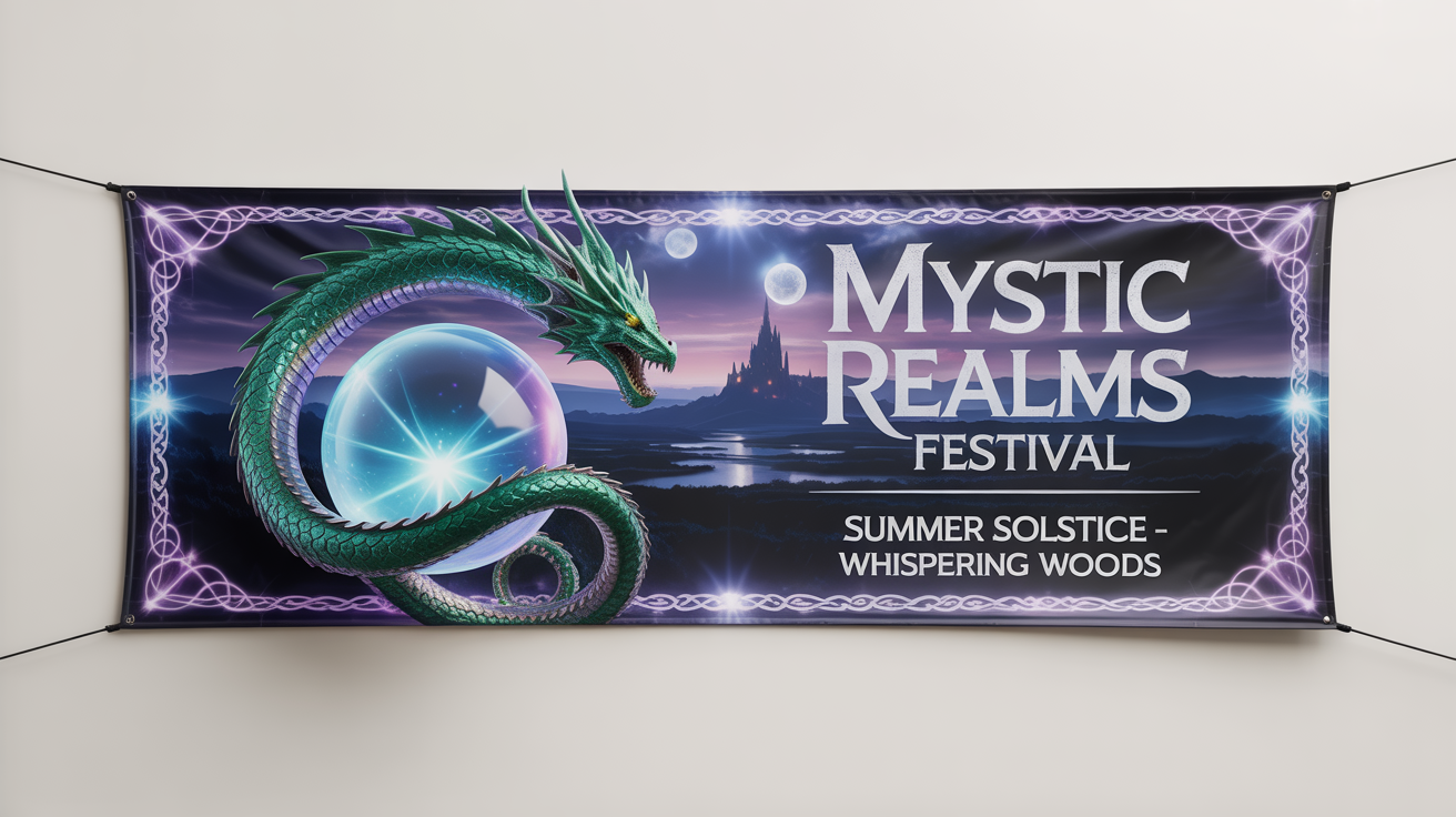 A mockup of a fantasy-themed banner for the 'Mystic Realms Festival', featuring a green dragon, a glowing crystal, and a castle, displayed against a white background.