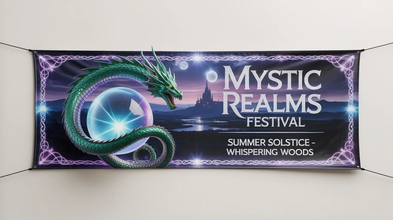 A mockup of a fantasy-themed banner for the 'Mystic Realms Festival', featuring a green dragon, a glowing crystal, and a castle, displayed against a white background.