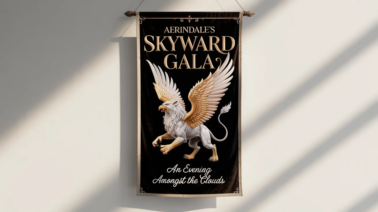 A mockup of an epic fantasy banner for 'Aerindale's Skyward Gala', featuring a majestic golden griffin against a dark canvas, displayed on a clean white background.