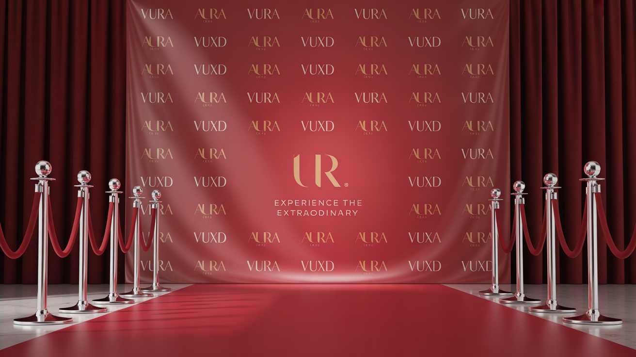 An eye-catching red carpet event setup showing a large step-and-repeat banner with repeating fictional logos in gold and white, flanked by velvet ropes.