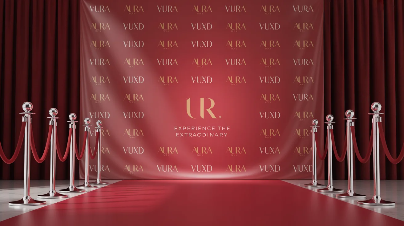 An eye-catching red carpet event setup showing a large step-and-repeat banner with repeating fictional logos in gold and white, flanked by velvet ropes.