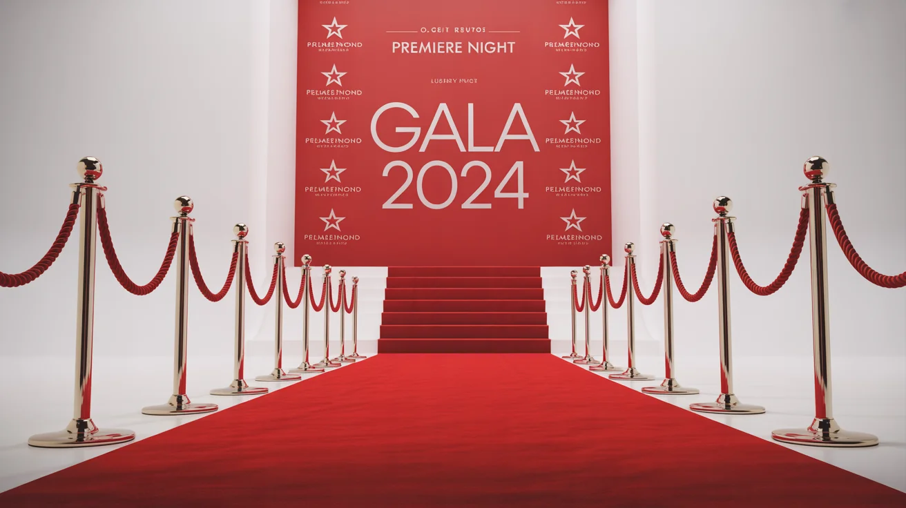 A photorealistic mockup of a red carpet background, featuring a plush red carpet bordered by gold stanchions and velvet ropes, leading to a step-and-repeat banner for a premiere night.