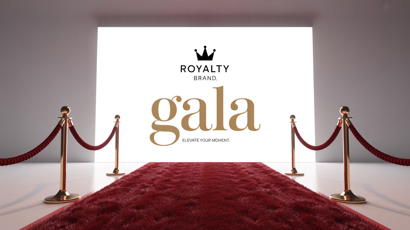 A professional red carpet background mockup for an exclusive event, featuring a white step-and-repeat banner with a repeating 'GALA' logo in gold and a black crown icon, set against a white background.