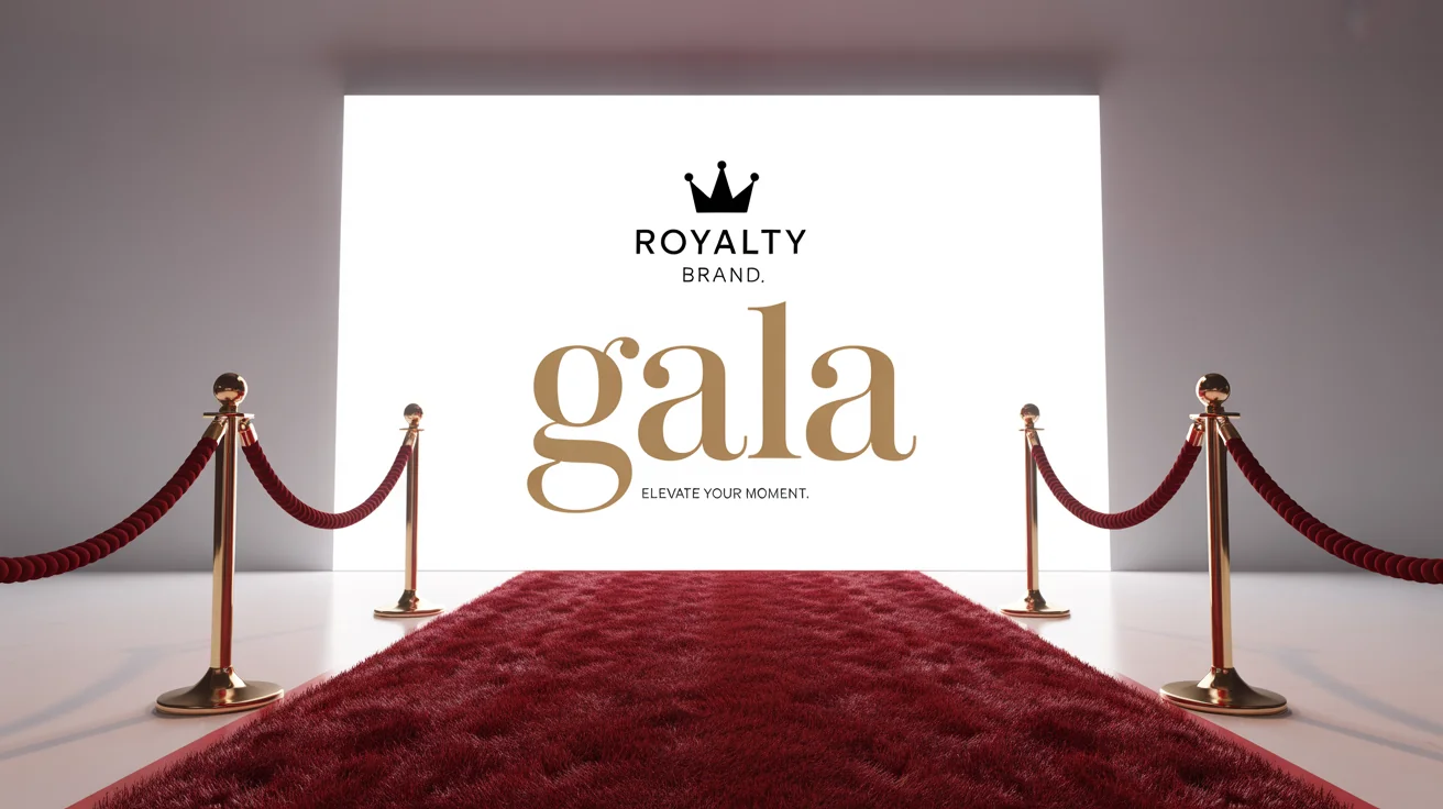 A professional red carpet background mockup for an exclusive event, featuring a white step-and-repeat banner with a repeating 'GALA' logo in gold and a black crown icon, set against a white background.
