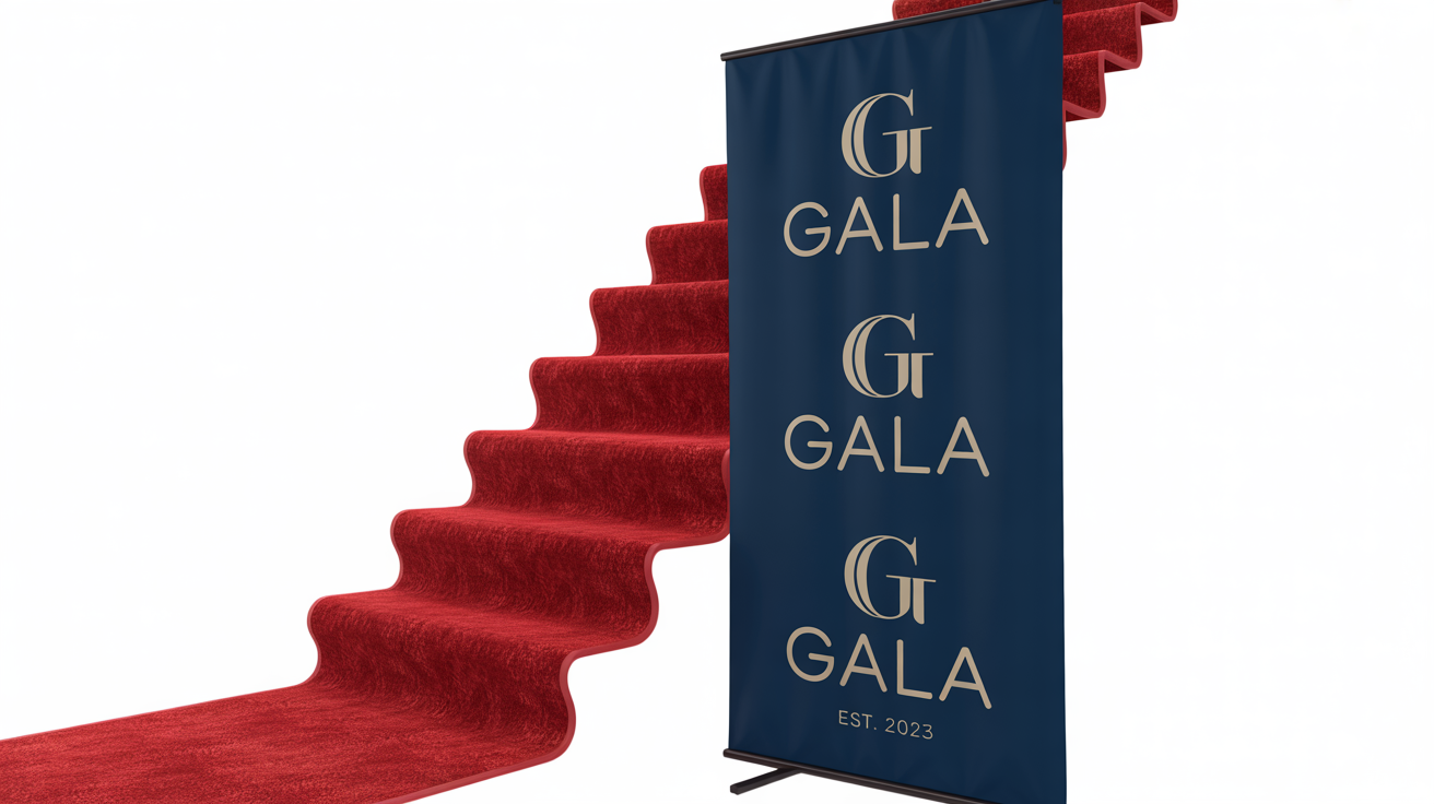A photorealistic mockup of a red carpet event background, showing a plush red carpet in front of a navy blue step-and-repeat banner with a repeating gold 'GALA' logo, all on a white background.