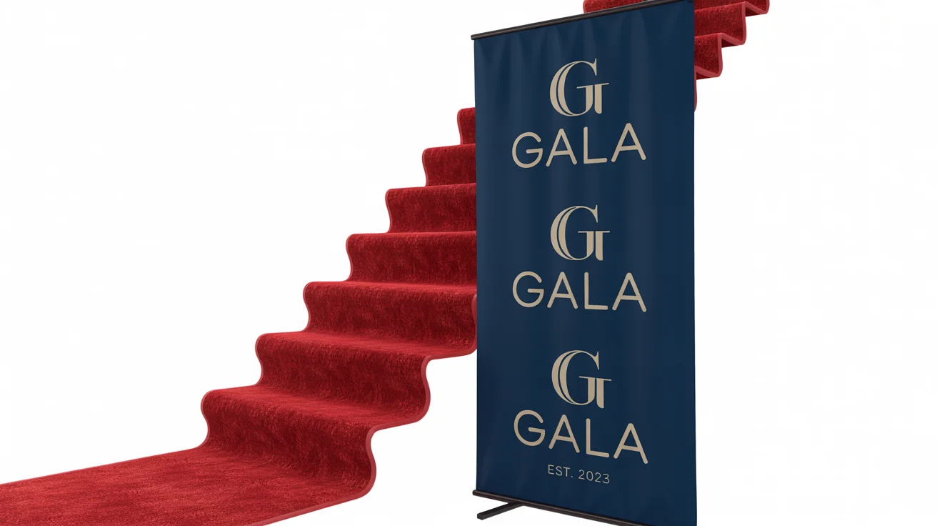 A photorealistic mockup of a red carpet event background, showing a plush red carpet in front of a navy blue step-and-repeat banner with a repeating gold 'GALA' logo, all on a white background.