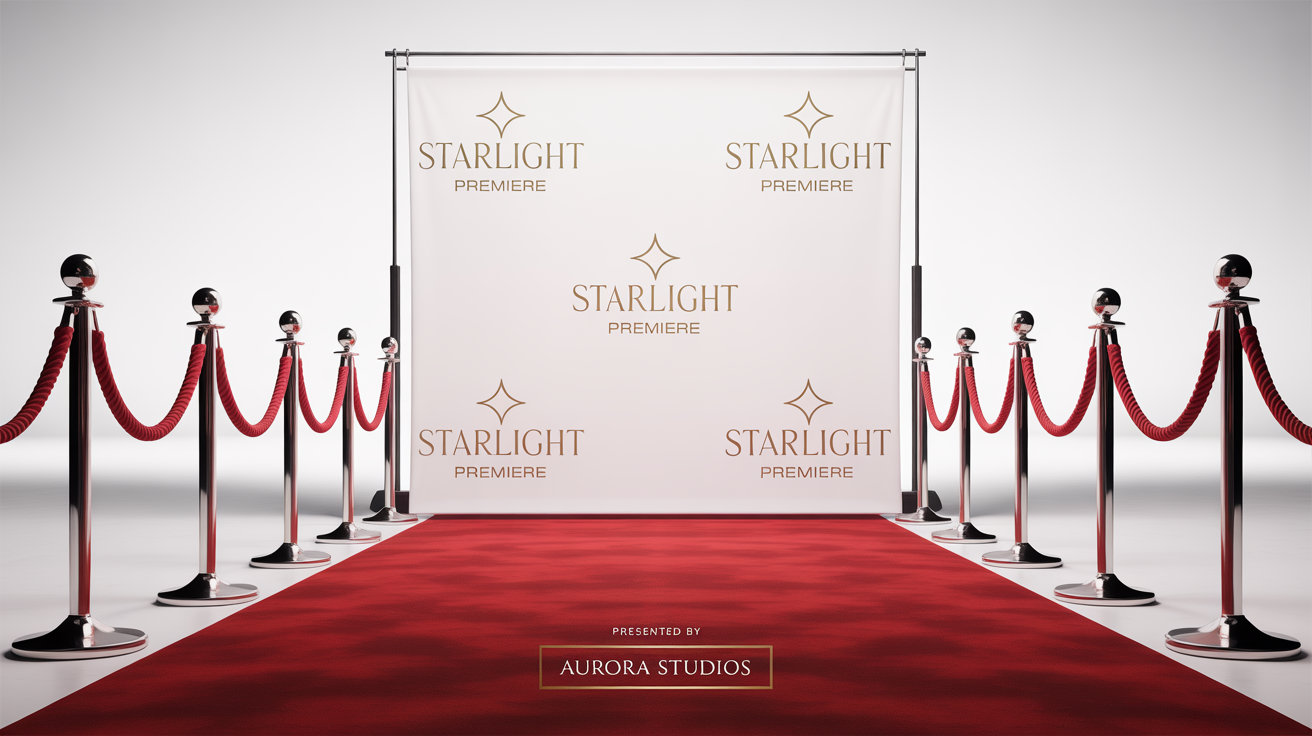 A mockup of a red carpet background for an event, featuring a white step-and-repeat banner with gold logos, a red carpet, and velvet ropes, all on a clean white background.