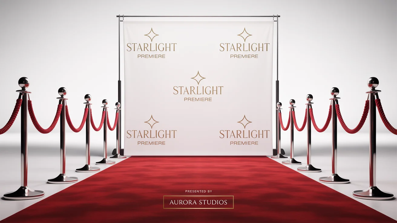 A mockup of a red carpet background for an event, featuring a white step-and-repeat banner with gold logos, a red carpet, and velvet ropes, all on a clean white background.