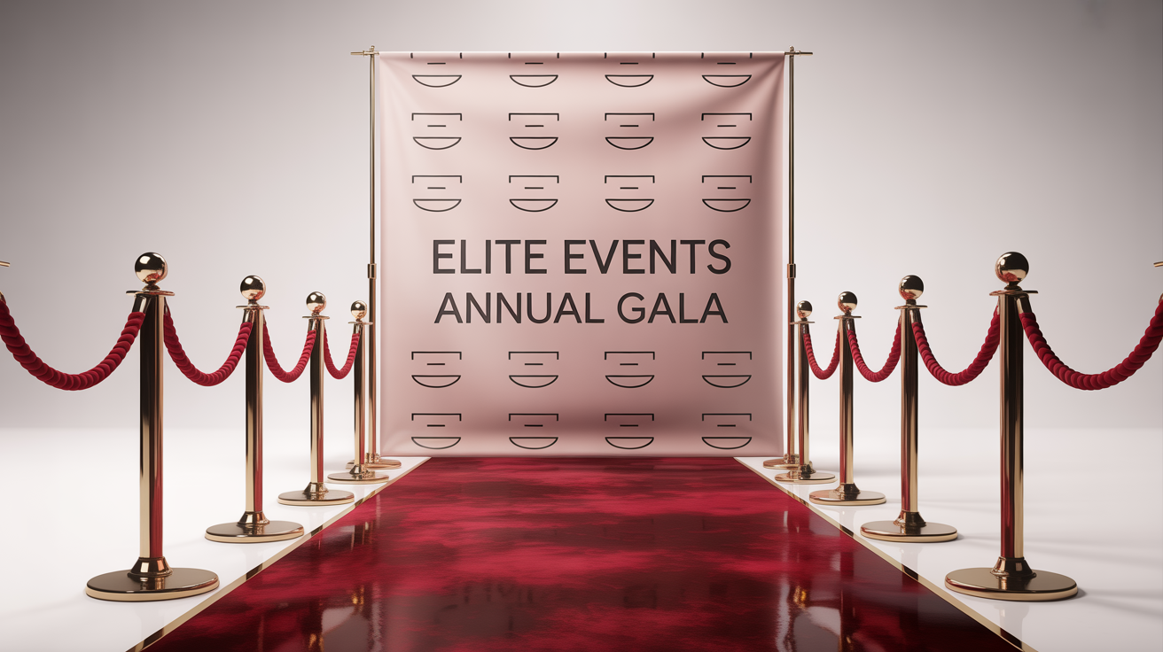 A professional red carpet background setup featuring a step-and-repeat banner with the text 'Elite Events' and 'Annual Gala', a red carpet, and gold stanchions with velvet ropes, all on a white background.