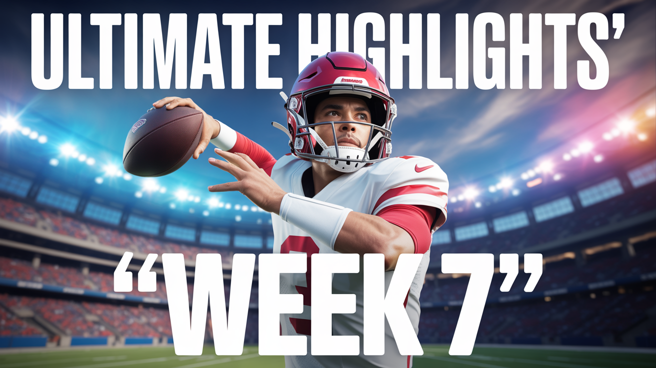 A mockup of a professional NFL football thumbnail showing a quarterback in mid-throw, with text that reads 'ULTIMATE HIGHLIGHTS' and 'WEEK 7', set against a clean white background.