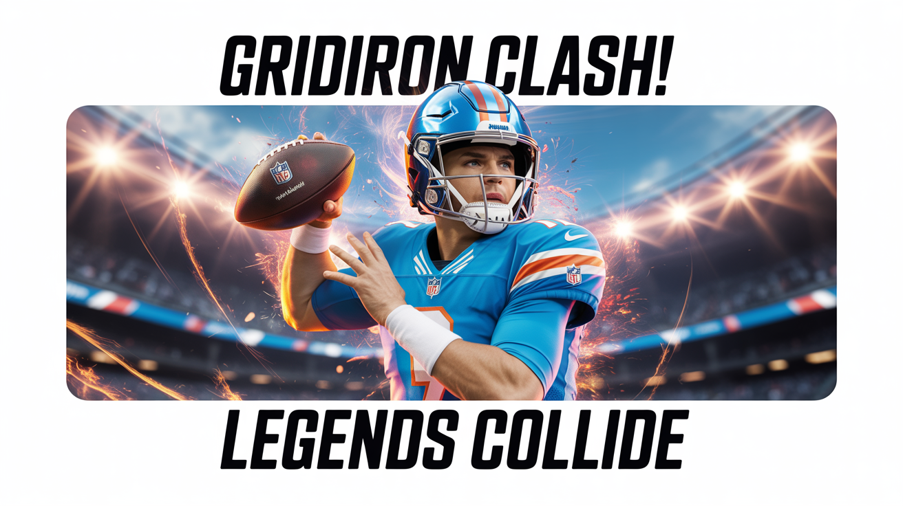 A mockup of a high-energy NFL thumbnail showing a quarterback throwing a glowing football in a stadium, with bold text reading 'GRIDIRON CLASH!' and 'LEGENDS COLLIDE'.