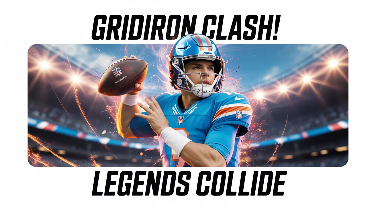 A mockup of a high-energy NFL thumbnail showing a quarterback throwing a glowing football in a stadium, with bold text reading 'GRIDIRON CLASH!' and 'LEGENDS COLLIDE'.