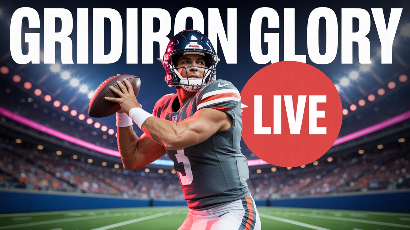 An action-packed thumbnail mockup for an American football game, showing a quarterback in a red and gray uniform about to throw a pass in a brightly lit stadium at night. Text on the image reads "GRIDIRON GLORY" and "LIVE".
