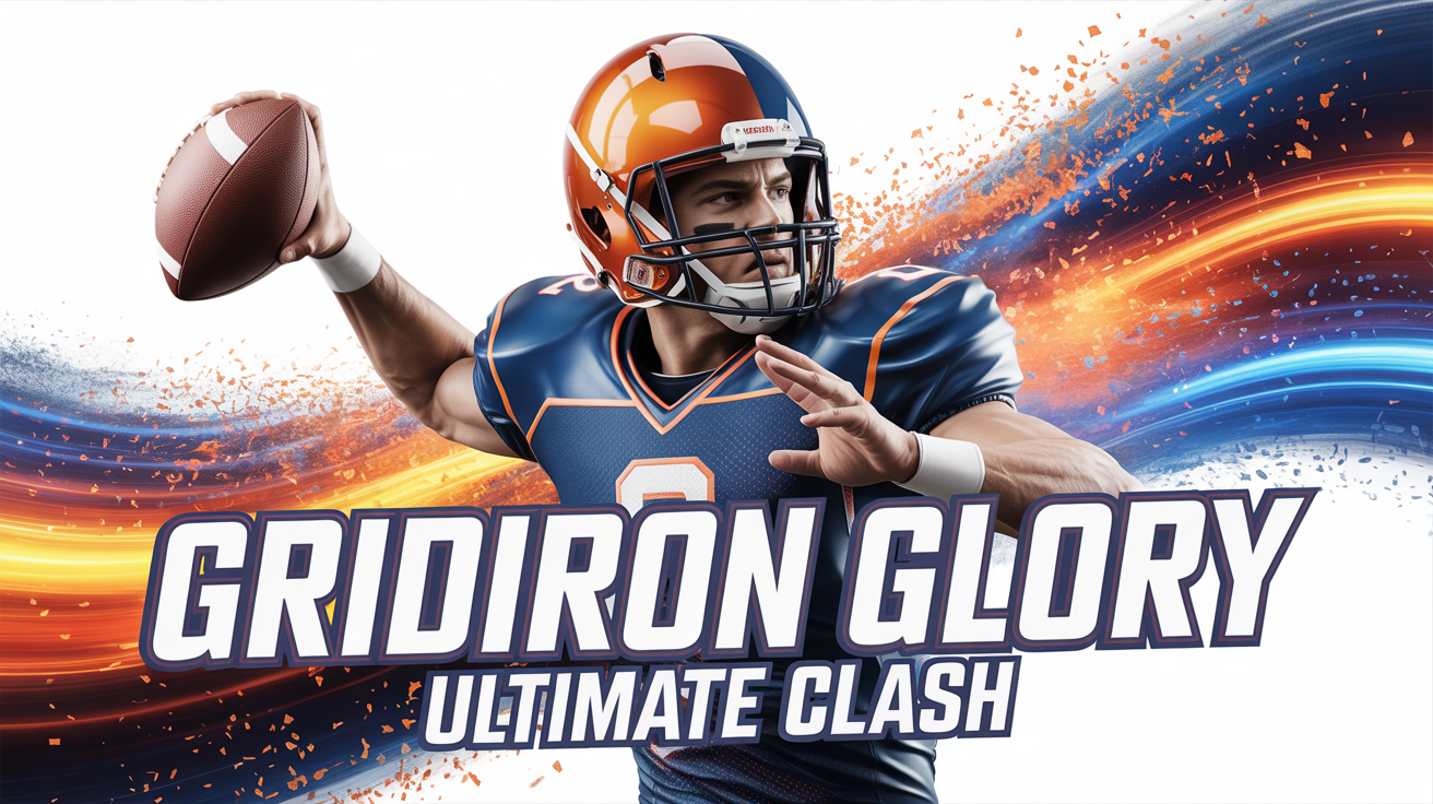 A mockup of a professional NFL-style thumbnail showing a quarterback in a navy and orange uniform about to throw a football, set against an explosive graphic background with the text 'GRIDIRON GLORY'.