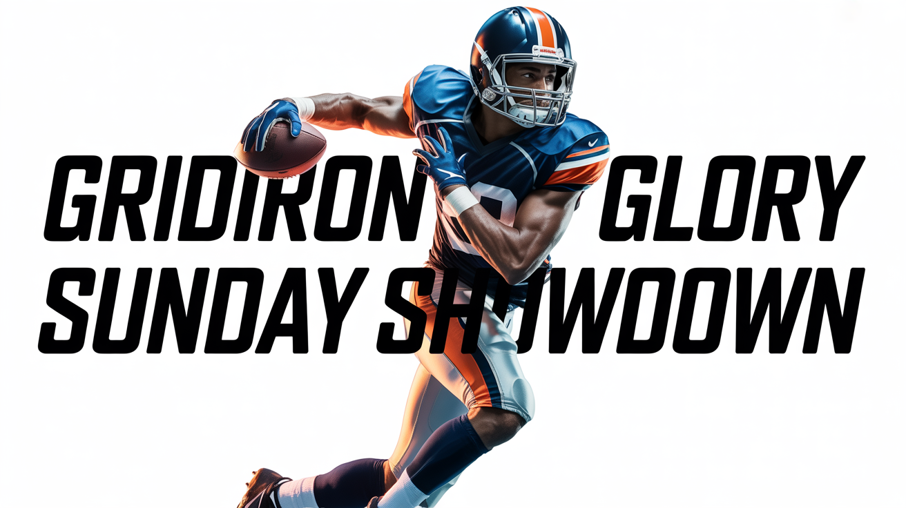 A hyper-realistic mockup of an NFL thumbnail showing a football player in a navy and orange uniform running forward, with text reading 'GRIDIRON GLORY' and 'SUNDAY SHOWDOWN' on a clean white background.