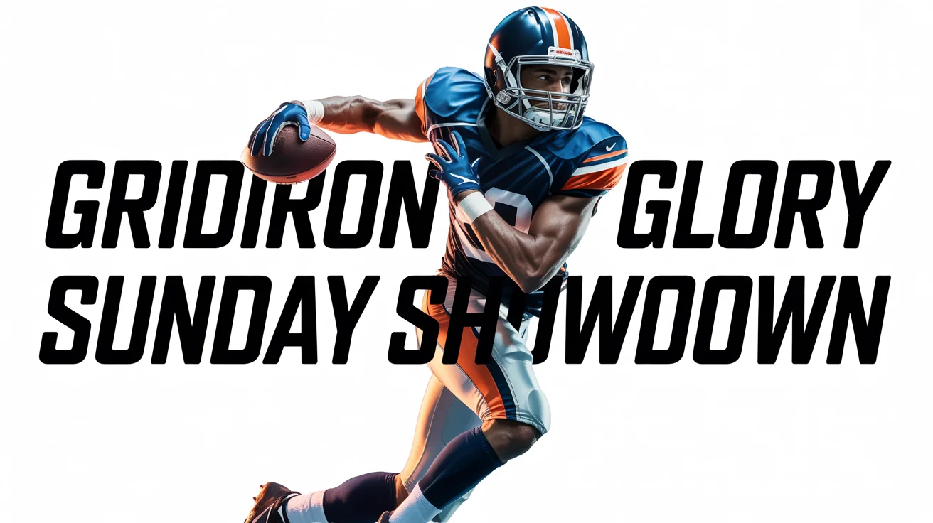 A hyper-realistic mockup of an NFL thumbnail showing a football player in a navy and orange uniform running forward, with text reading 'GRIDIRON GLORY' and 'SUNDAY SHOWDOWN' on a clean white background.