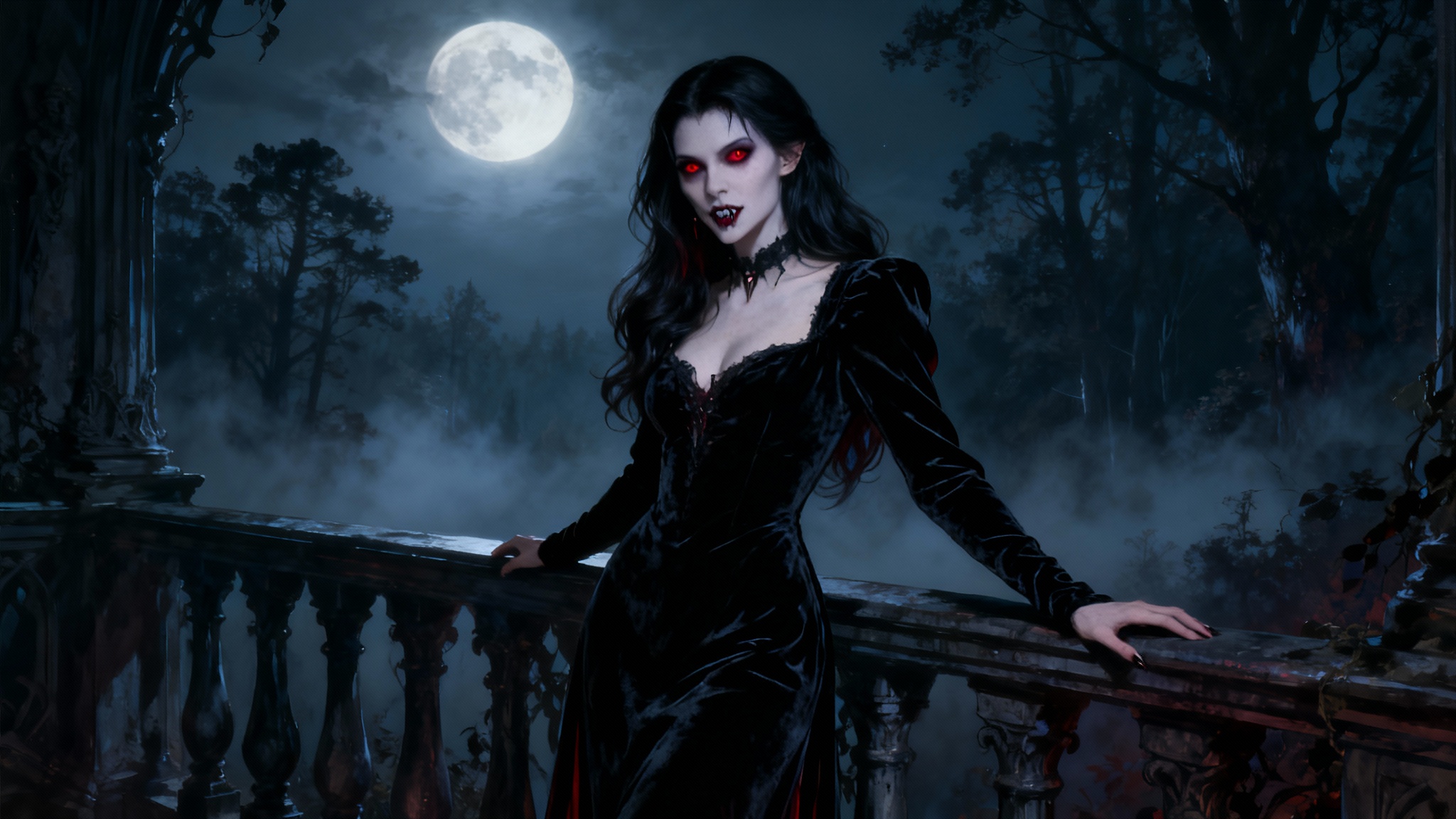 A stunning, eye-catching digital painting of a beautiful female vampire on a gothic balcony at night, created using an AI art generator. The image is in a 16:9 cinematic aspect ratio.
