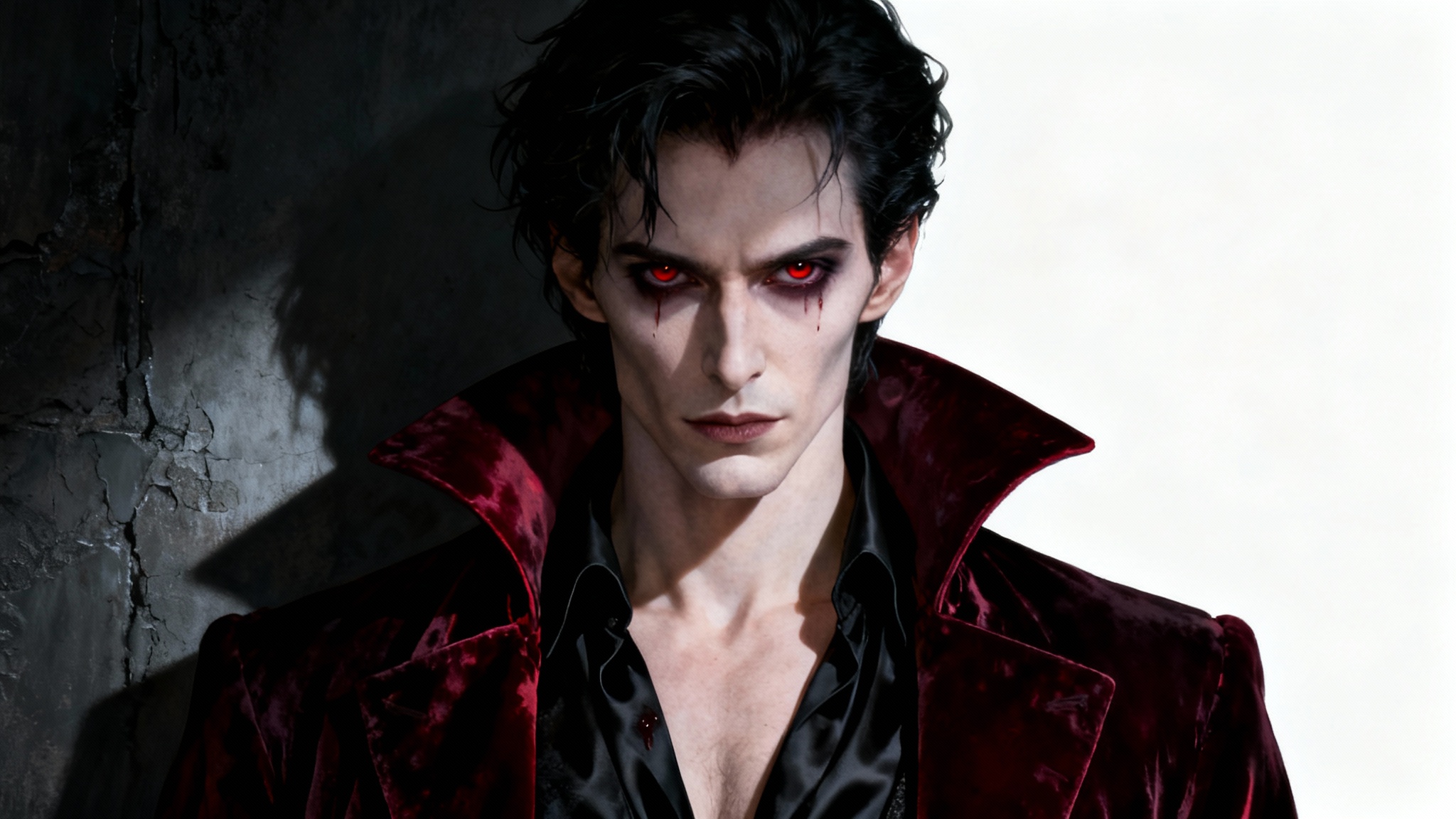 A hyperrealistic gothic art piece showing a handsome male vampire with intense eyes and dark hair, wearing a crimson velvet coat against a dark, moody background.