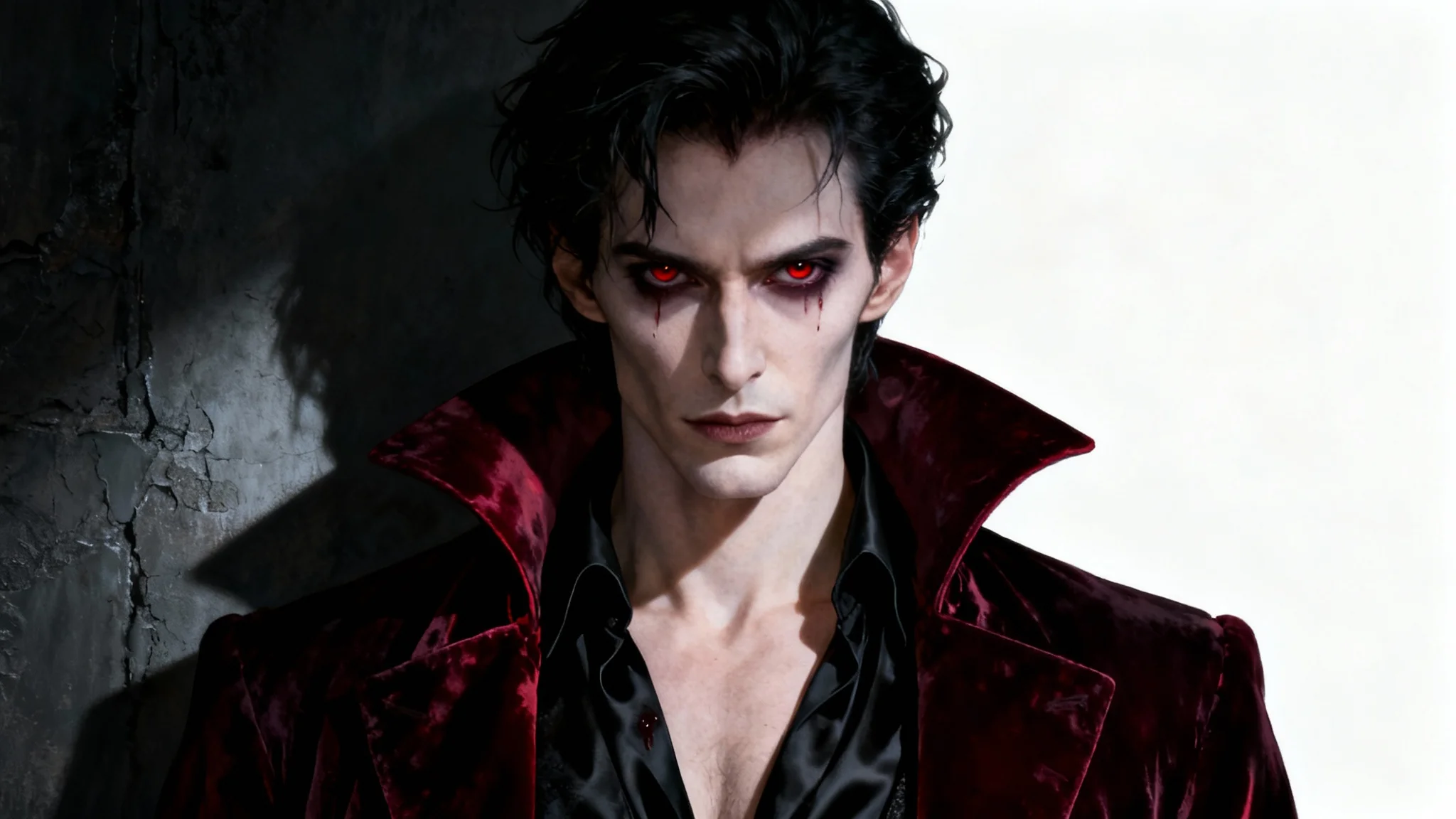 A hyperrealistic gothic art piece showing a handsome male vampire with intense eyes and dark hair, wearing a crimson velvet coat against a dark, moody background.