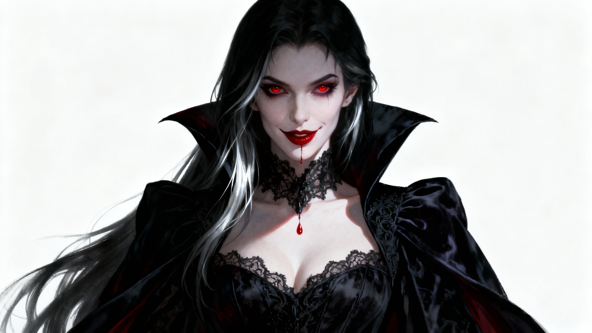 A dramatic digital painting of an elegant female vampire in a gothic gown, with a single drop of blood on her lips, set against a plain white background.