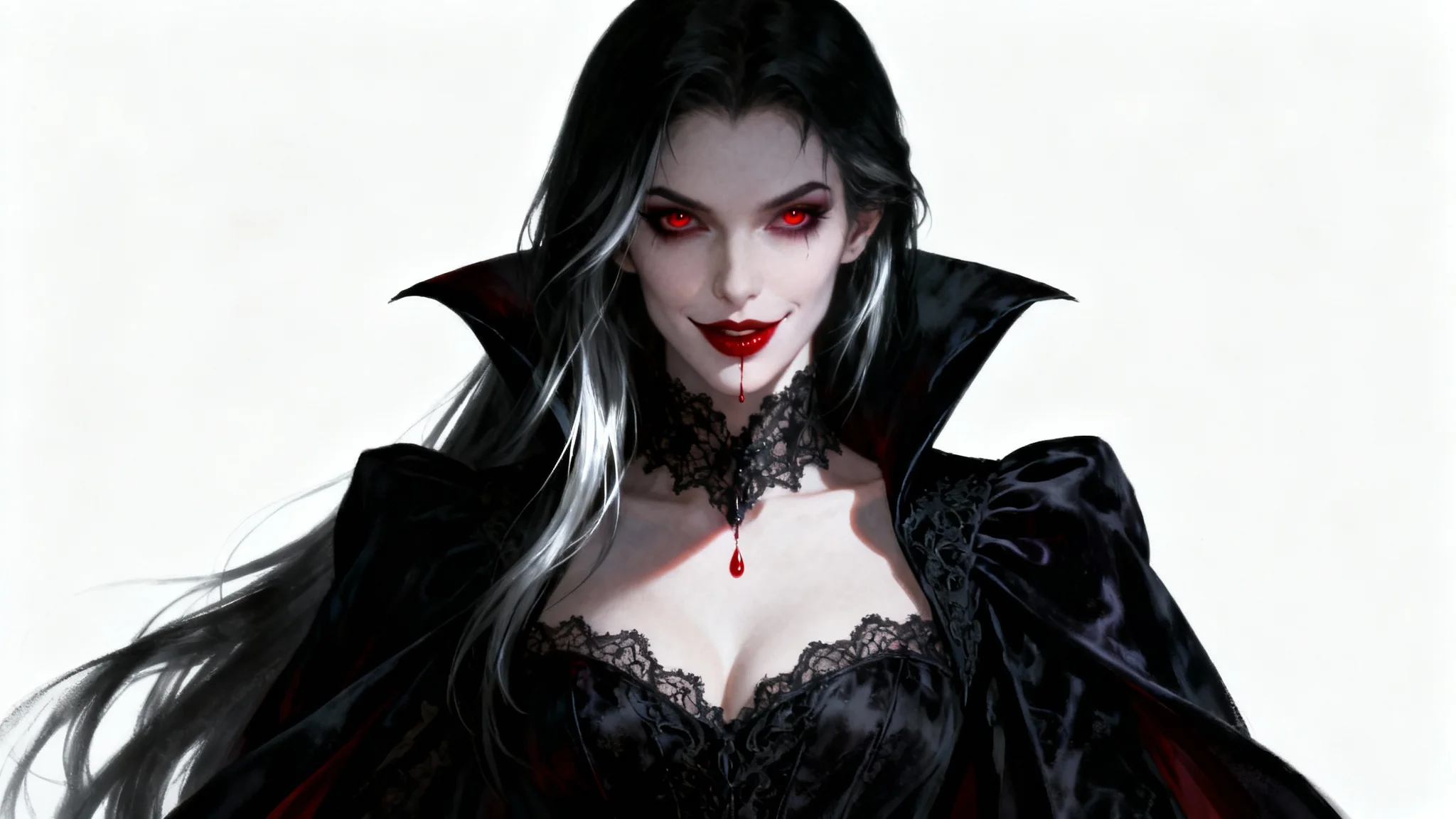 A dramatic digital painting of an elegant female vampire in a gothic gown, with a single drop of blood on her lips, set against a plain white background.