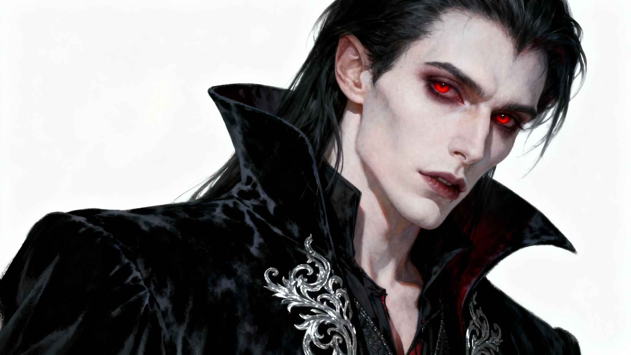 A hyper-detailed digital painting of an elegant male vampire in a black velvet coat, depicted in a gothic romantic style against a solid white background.