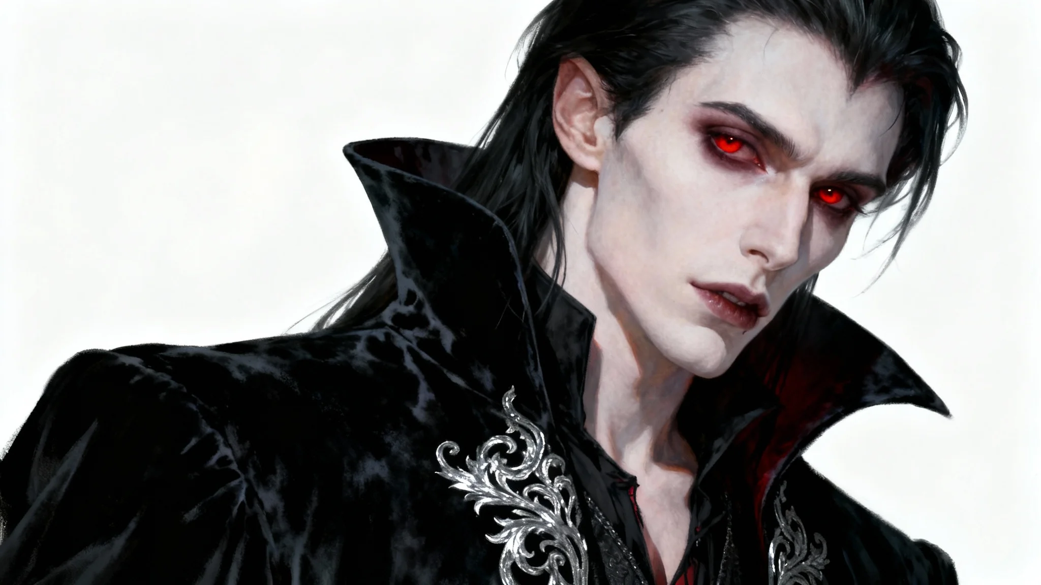 A hyper-detailed digital painting of an elegant male vampire in a black velvet coat, depicted in a gothic romantic style against a solid white background.