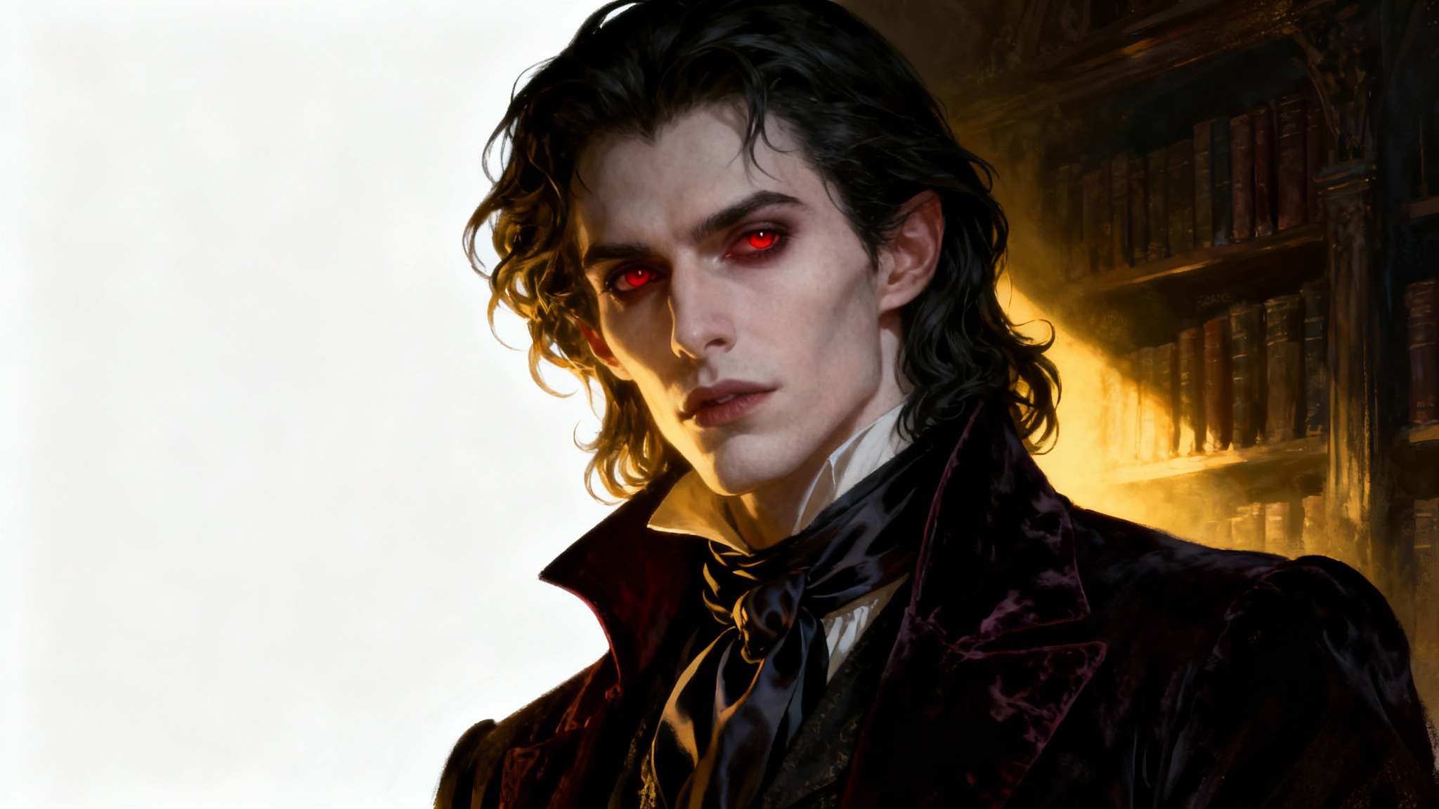 A dramatic gothic portrait of a handsome male vampire with pale skin and dark hair, dressed in Victorian clothing, set against a shadowy library background. The artwork is displayed on a white background.