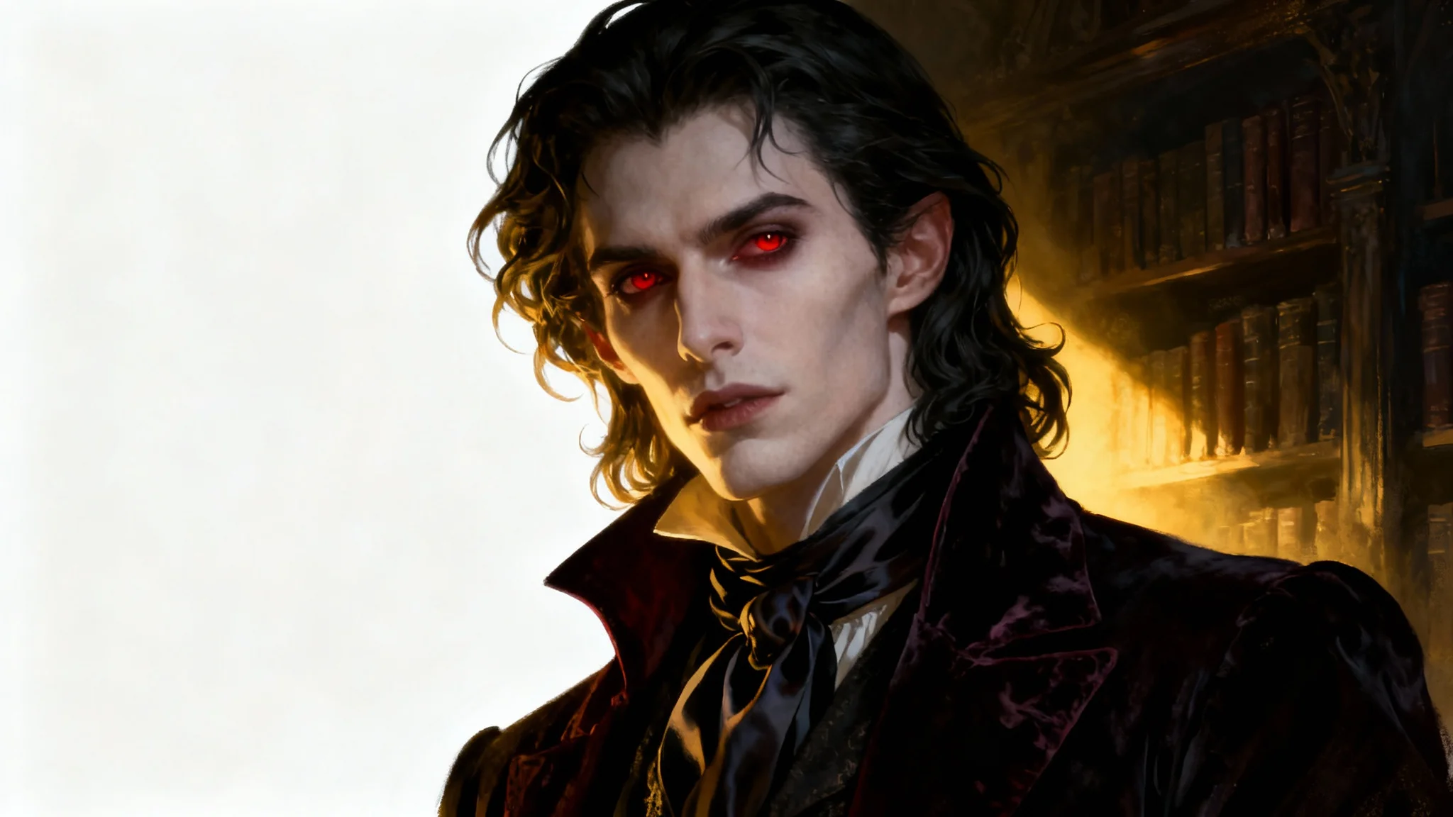 A dramatic gothic portrait of a handsome male vampire with pale skin and dark hair, dressed in Victorian clothing, set against a shadowy library background. The artwork is displayed on a white background.
