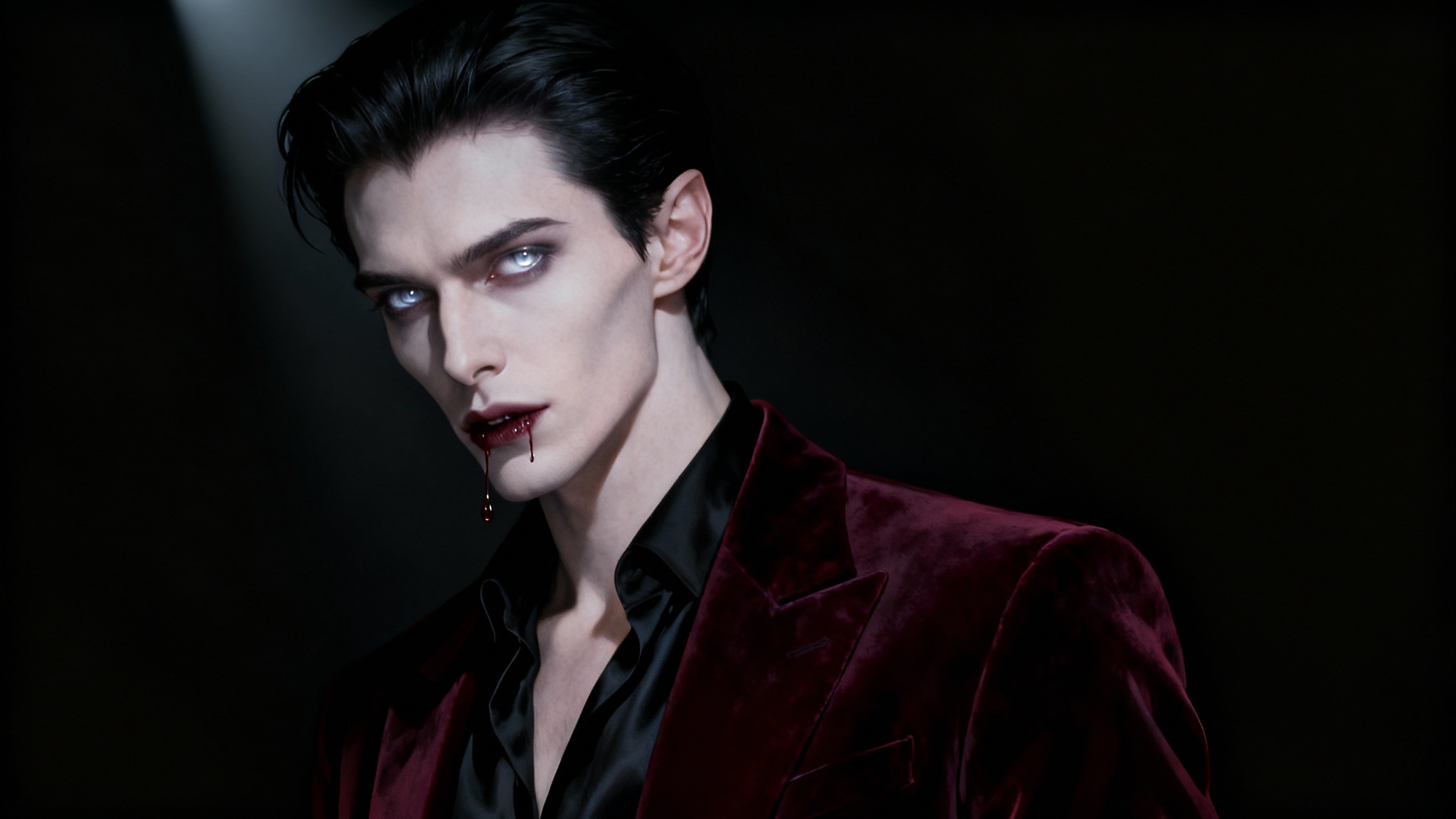 A hyperrealistic digital painting of a handsome male vampire with pale skin and silver eyes, wearing a crimson velvet jacket against a solid black background.