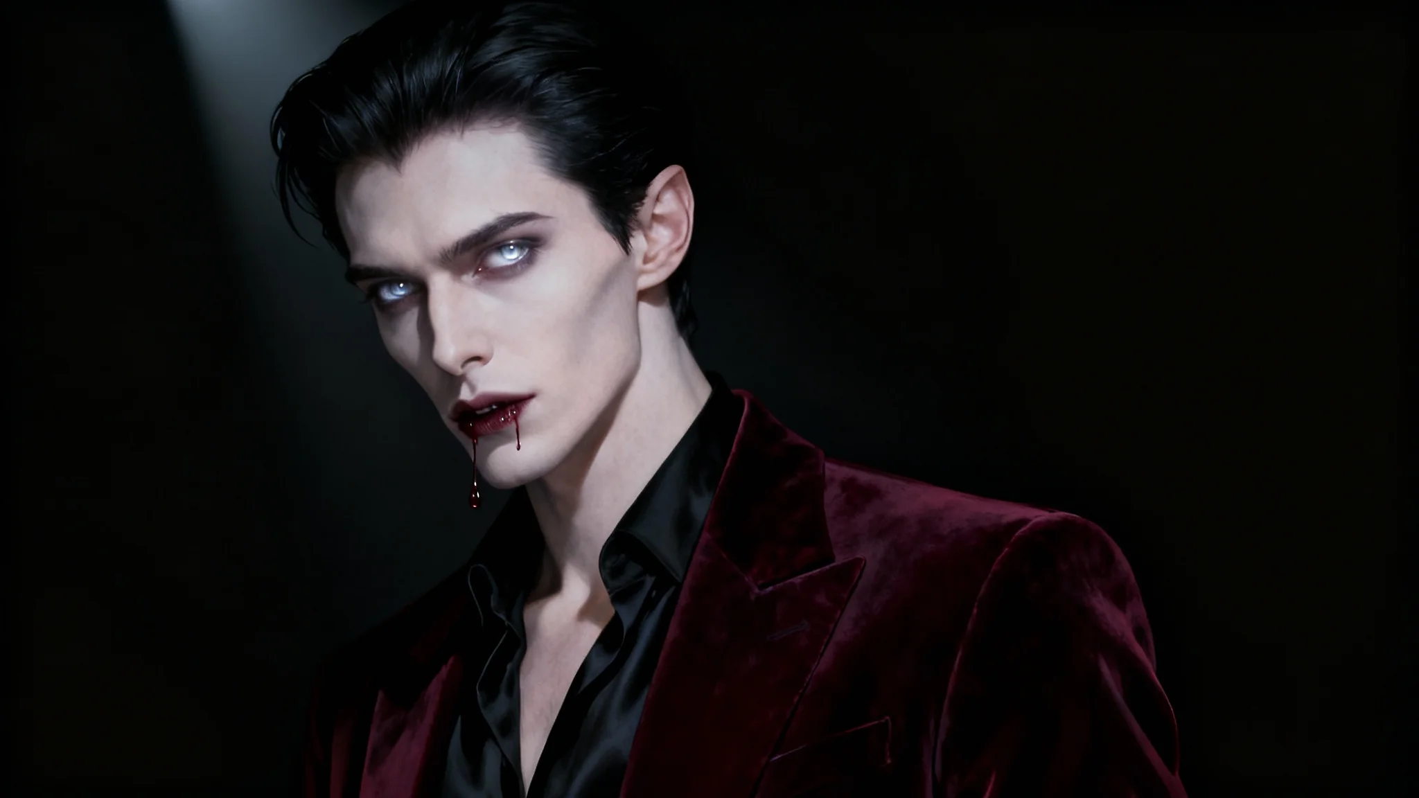A hyperrealistic digital painting of a handsome male vampire with pale skin and silver eyes, wearing a crimson velvet jacket against a solid black background.