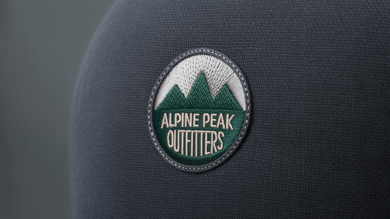 An eye-catching hero image showing a close-up of a high-quality embroidered logo for 'Alpine Peak Outfitters' on dark fabric, demonstrating a professional embroidery service result.