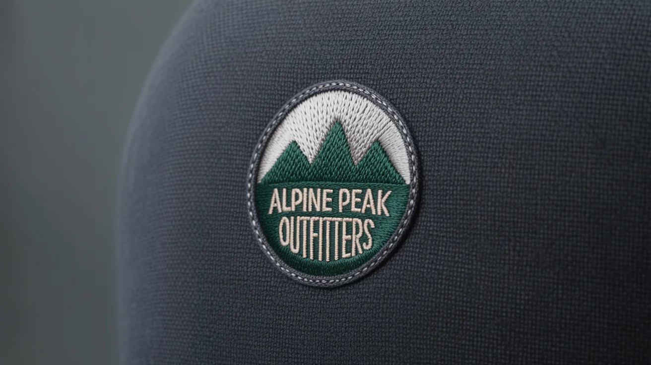 An eye-catching hero image showing a close-up of a high-quality embroidered logo for 'Alpine Peak Outfitters' on dark fabric, demonstrating a professional embroidery service result.