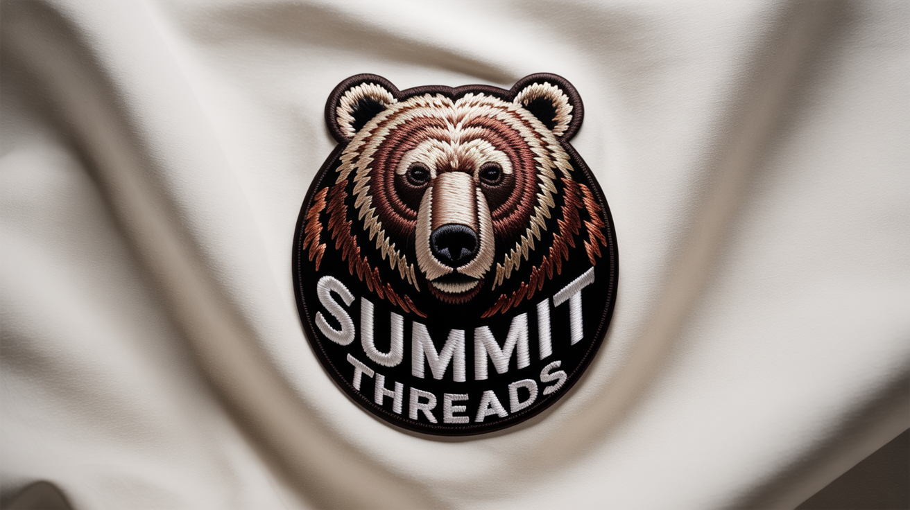 A photorealistic mockup of a circular embroidered logo patch against a white background. The patch features a detailed roaring grizzly bear head and the embroidered text 'SUMMIT THREADS'.