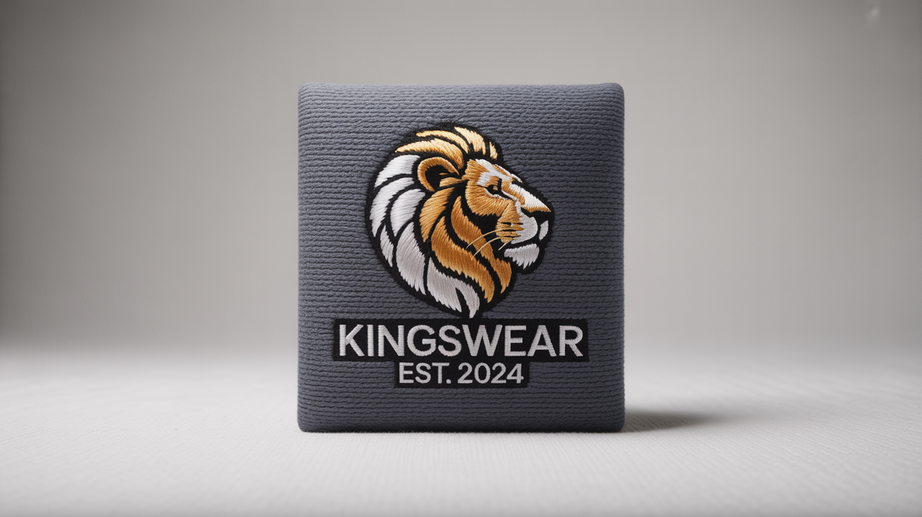 A close-up photorealistic mockup of a detailed embroidered logo on dark gray fabric. The logo features a gold and white lion's head with the text 'KINGSWEAR EST. 2024' stitched below it, all on a clean white background.