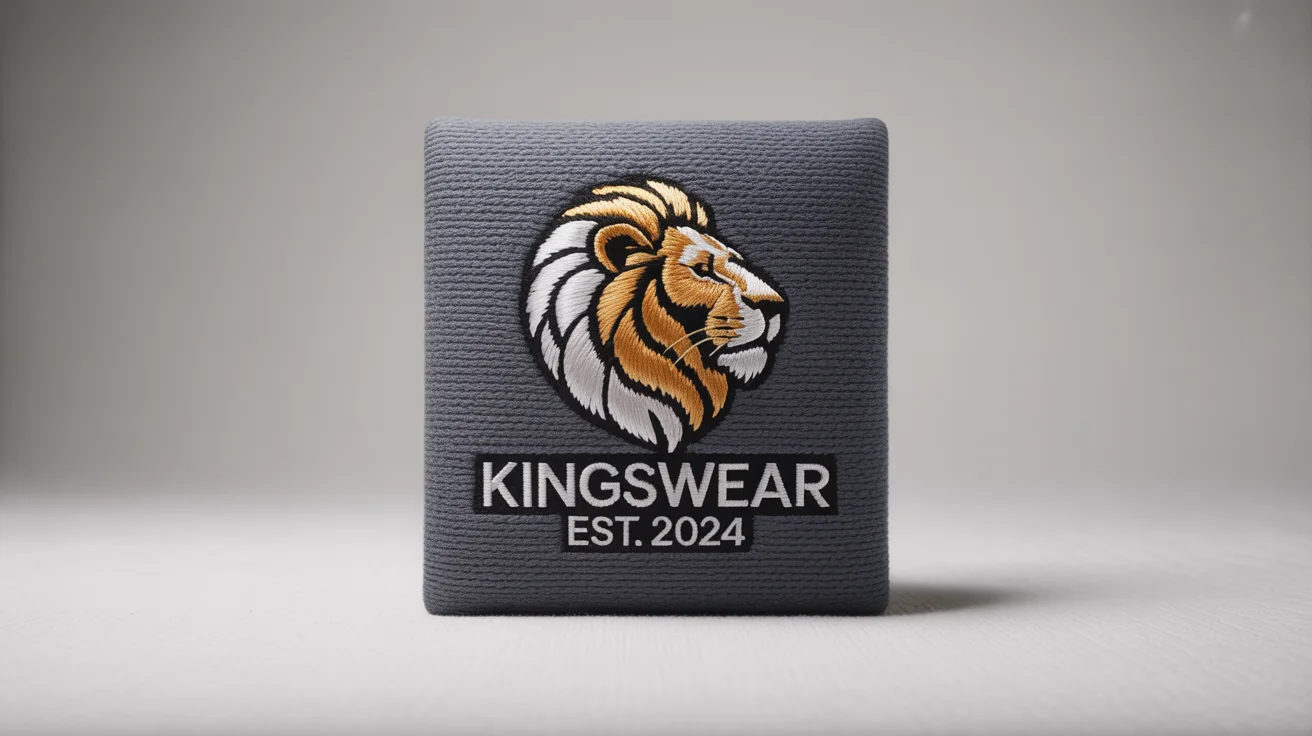A close-up photorealistic mockup of a detailed embroidered logo on dark gray fabric. The logo features a gold and white lion's head with the text 'KINGSWEAR EST. 2024' stitched below it, all on a clean white background.
