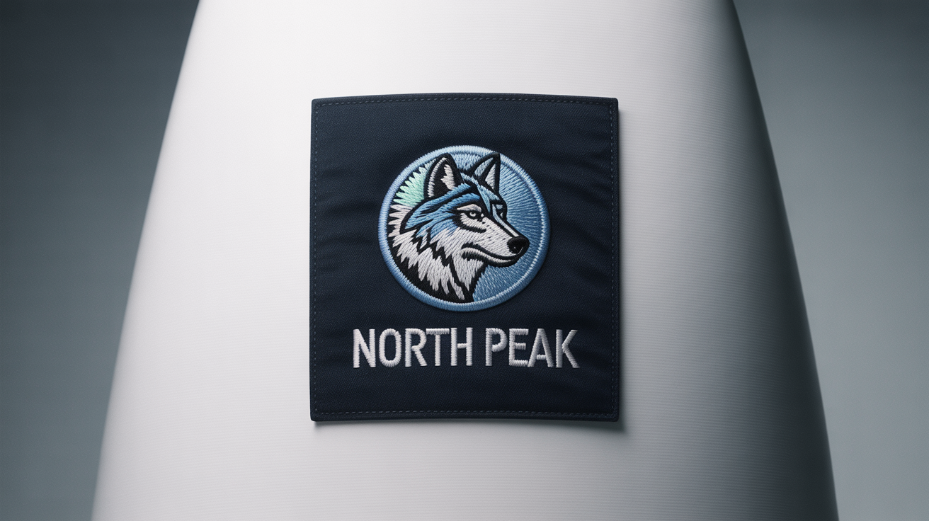 A photorealistic close-up of a circular embroidered logo patch on black denim. The logo features a detailed wolf's head in silver, white, and blue, with the words 'NORTH PEAK' stitched below it, all set against a clean white background.