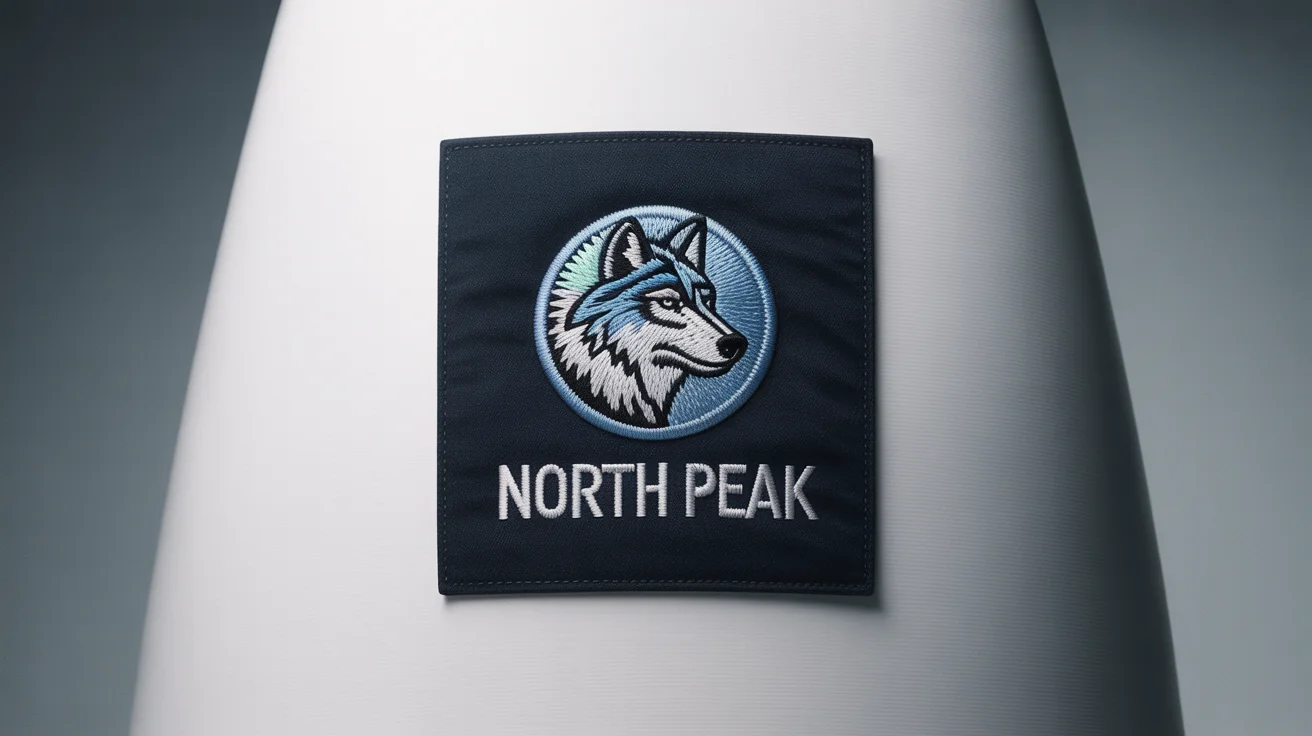 A photorealistic close-up of a circular embroidered logo patch on black denim. The logo features a detailed wolf's head in silver, white, and blue, with the words 'NORTH PEAK' stitched below it, all set against a clean white background.