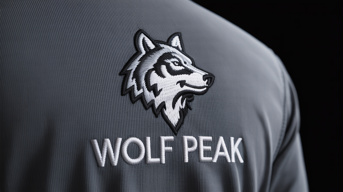 A close-up, detailed photograph of an embroidered logo on dark grey fabric. The logo features a majestic wolf head and the text 'WOLF PEAK' in silver and white thread, shown against a plain white background.